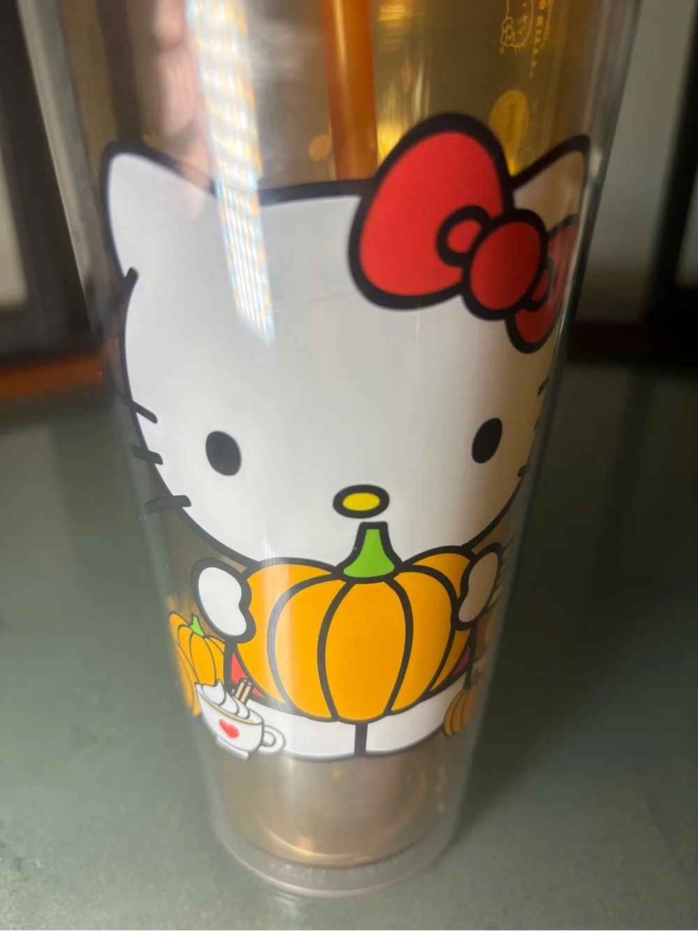 Hello Kitty Orange Pumpkin Straw Tumbler with Red Bow